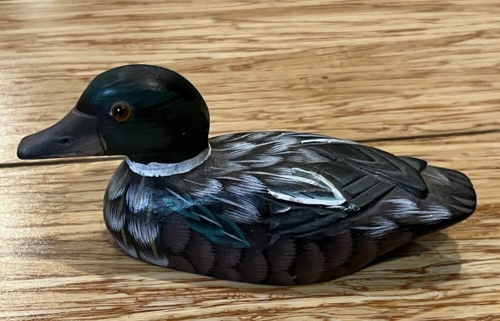 Mini Wood Painted Duck Decoy 4” Long Green, White, Brown Detailed Wooden